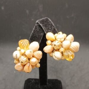 Elegant Cluster Earrings with Gold and Cream Beads